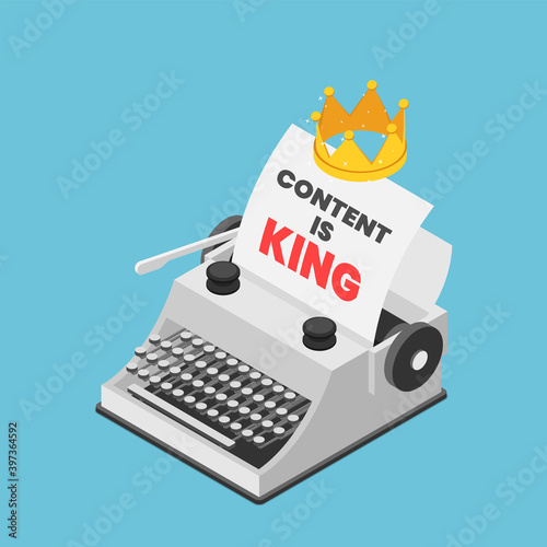 Isometric Typewriter with A Crown and Words CONTENT IS KING on Paper Sheet