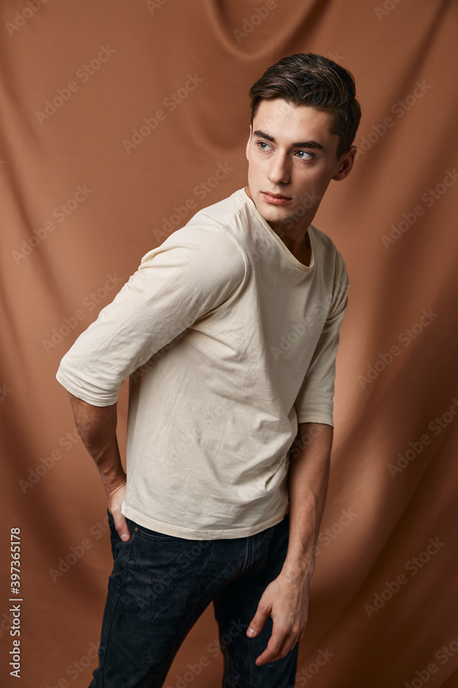 Handsome man fashionable hairstyle attractive look white jacket fabric background Handsome man fashionable hairstyle attractive look white jacket fabric background