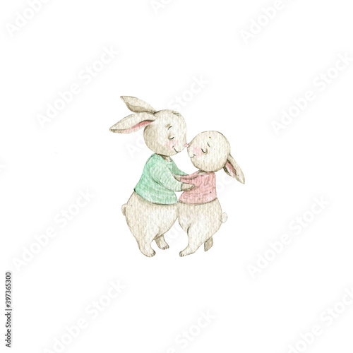 watercolor cute cartoone rabbits in love valentain day photo