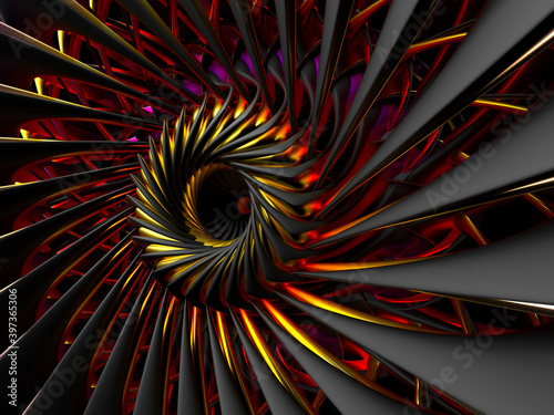 3d render of abstract art of 3d industrial background with part of surreal turbine jet engine or flower in spiral pattern with sharp curve blades in gold and black matte rubber material © Philipp