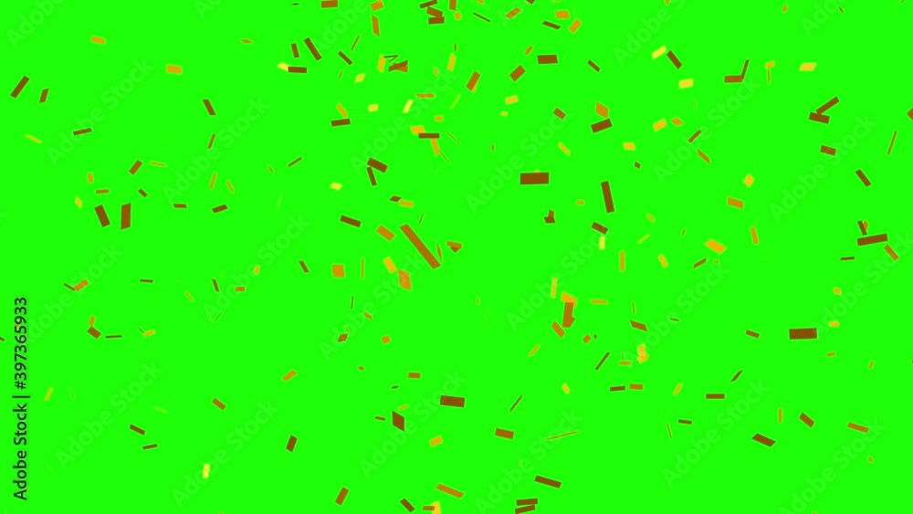 3D Golden confetti falling down on green screen color and alpha channel background, success and celebration concept animation. 3D Golden confetti falling down on green screen color and alpha channel background, success and celebration concept animation.