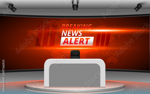 table and chair with breaking news alert on lcds background in the news studio