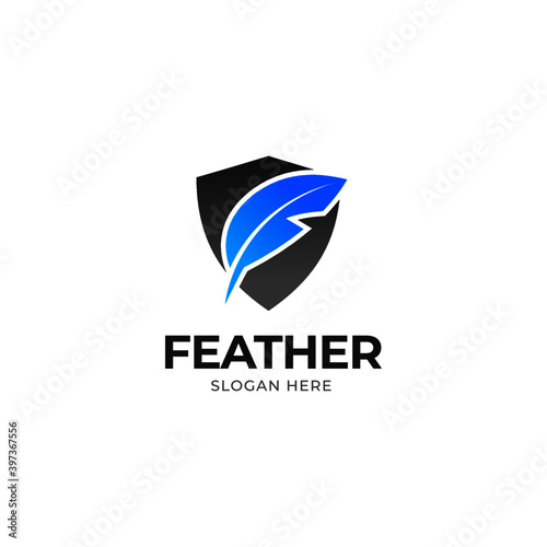 Feather writing Logo Template vector illustration. feather writing and shield logo.