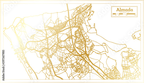 Almada Portugal City Map in Retro Style in Golden Color. Outline Map.