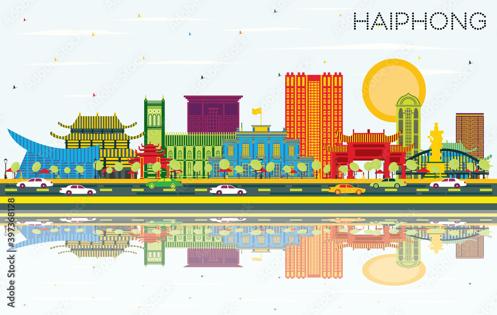 Haiphong Vietnam City Skyline with Color Buildings, Blue Sky and Reflections. Haiphong Vietnam City Skyline with Color Buildings, Blue Sky and Reflections.