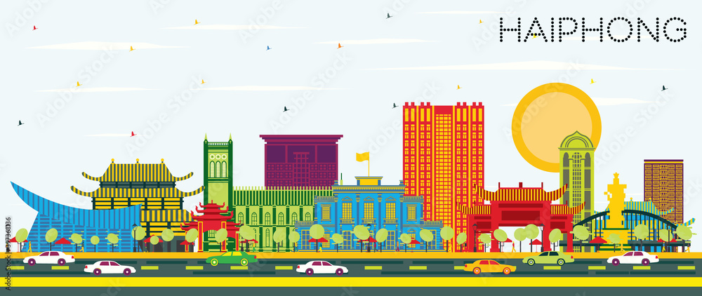 Haiphong Vietnam City Skyline with Color Buildings and Blue Sky.