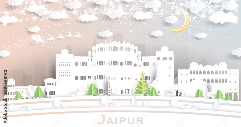 Jaipur India City Skyline in Paper Cut Style with Snowflakes, Moon and Neon Garland.