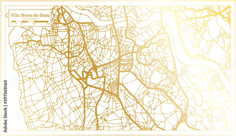 Vila Nova de Gaia Portugal City Map in Retro Style in Golden Color. Outline Map.