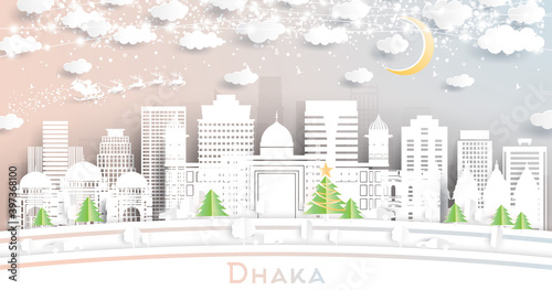 Dhaka Bangladesh City Skyline in Paper Cut Style with Snowflakes, Moon and Neon Garland.