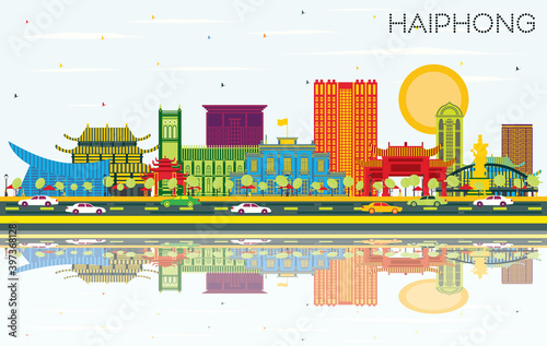 Haiphong Vietnam City Skyline with Color Buildings, Blue Sky and Reflections.