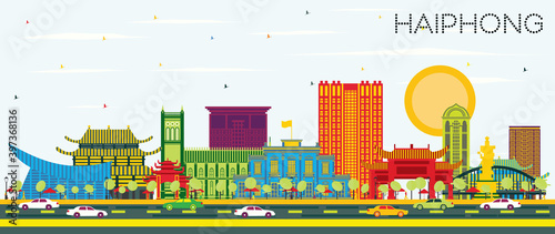 Haiphong Vietnam City Skyline with Color Buildings and Blue Sky.