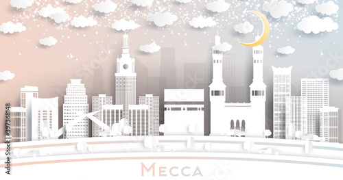 Mecca Saudi Arabia City Skyline in Paper Cut Style with Snowflakes, and Moon.