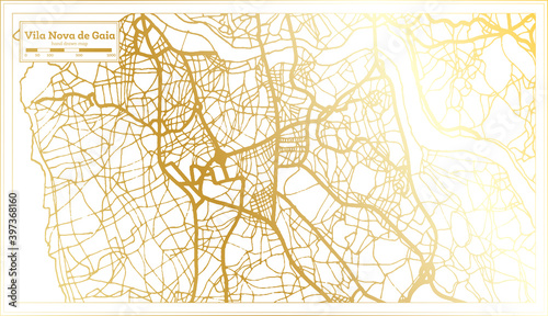 Vila Nova de Gaia Portugal City Map in Retro Style in Golden Color. Outline Map.