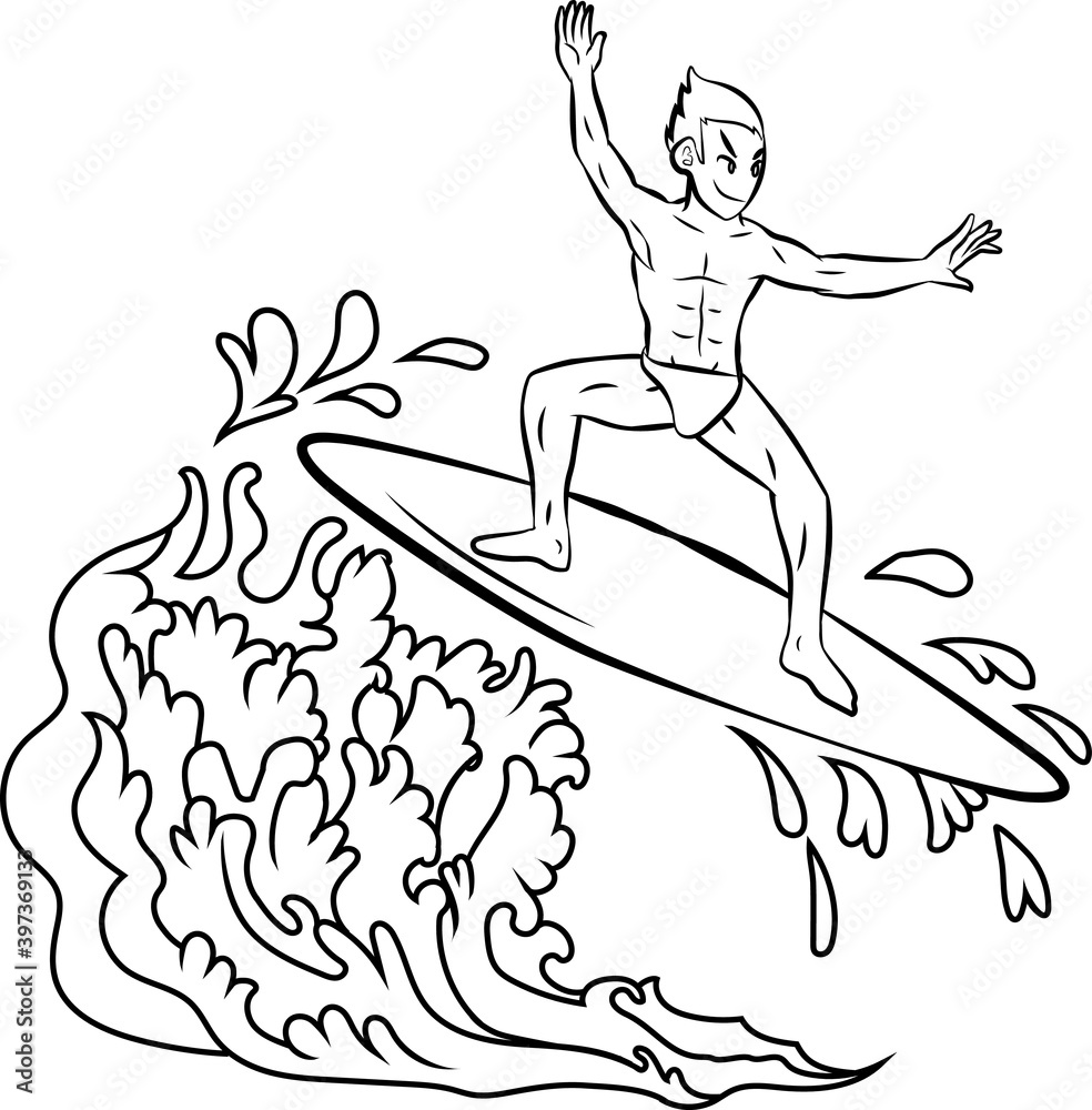 man was surfboard on the wave in the ocean outline