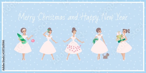 Merry Christmas and Happy New Year. Winter holiday vintage greeting card. Illustration of pretty girls with Christmas decorations. Vector 10 EPS.