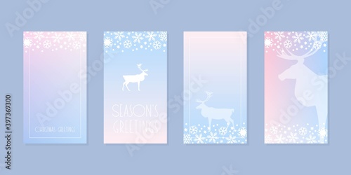 Winter holiday backgrounds. Set of editable templates for social networks and stories. Christmas backdrops decorated with deer silhouettes and snowflakes. Vector 10 EPS.