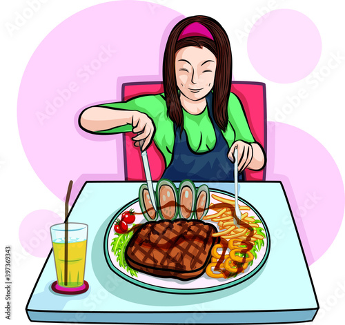 pretty woman eat combo set with delicious felling cartoon vector