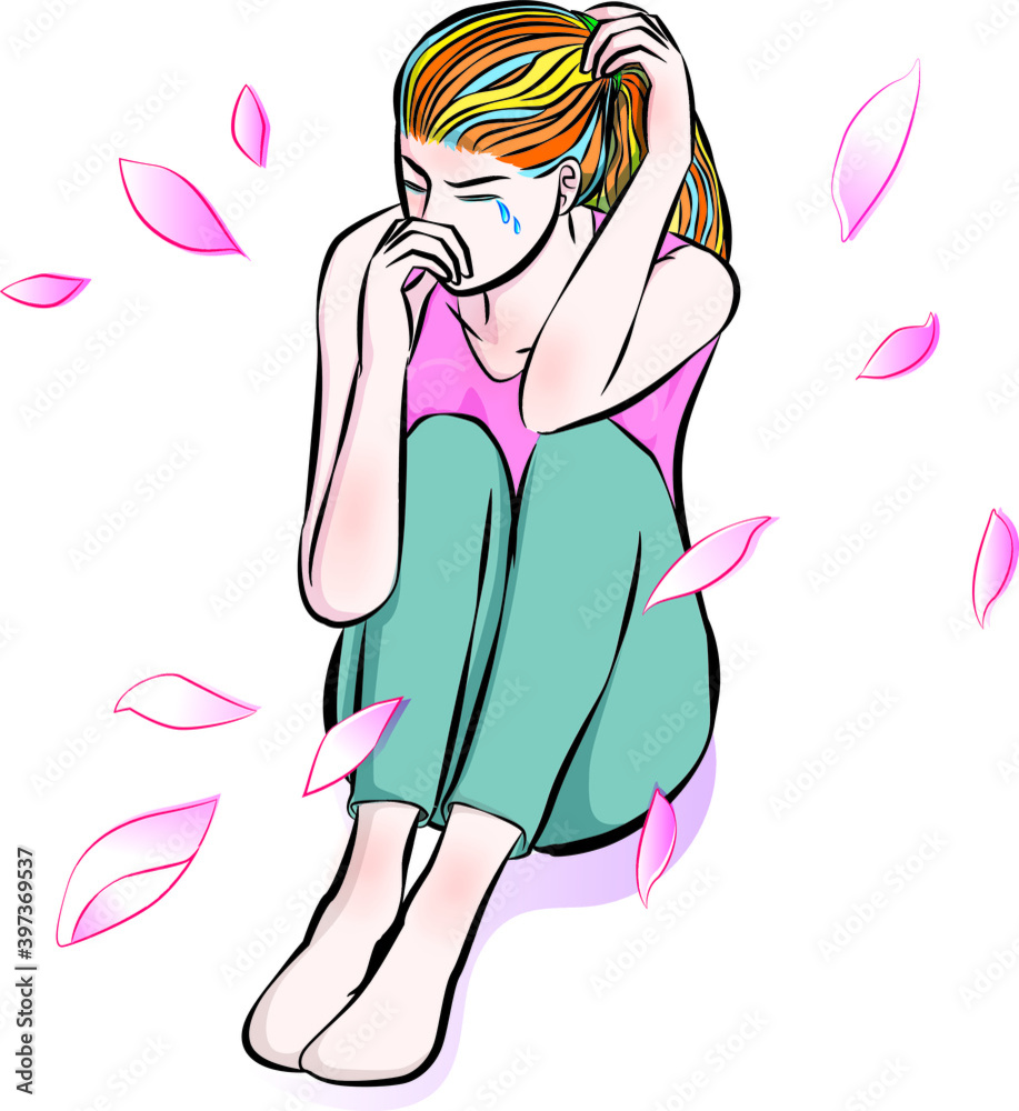 sad girl sitting while crying with leaf of flower mood