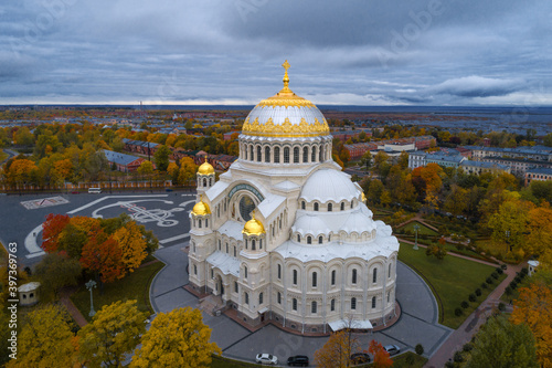 St. Nicholas Naval Cathedral close-up October cloudy day (shooting from a quadrocopter). Kronstadt, Russia photo