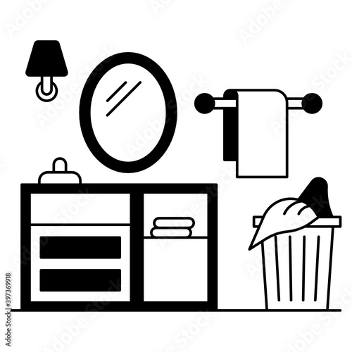 Sink table with mirror, hanging towel and laundry basket vector glyph icon design, laundry room interior design concept, 