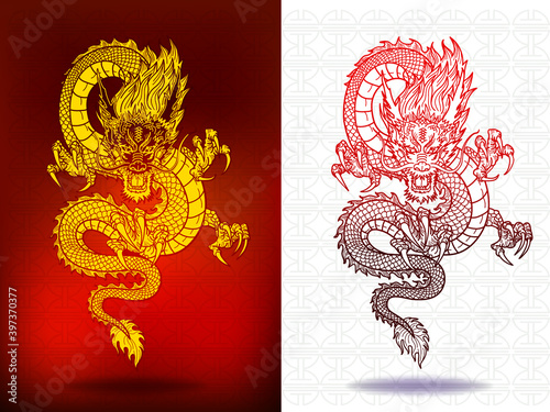 traditional red chinese Dragon with chinese text happy new year illustration pattern celebration for festival