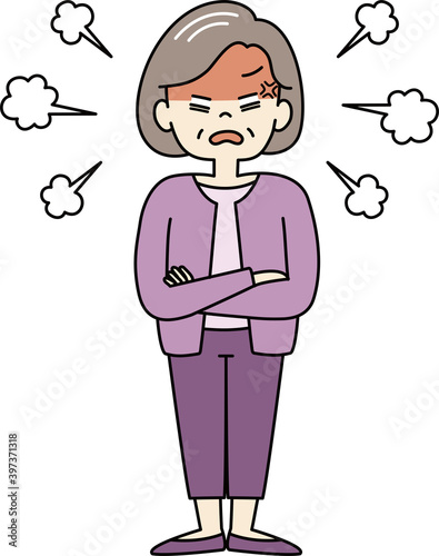 顔を真っ赤にして怒るおばあさん（全身）