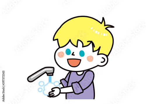 感染症対策　手を洗う白人の男の子