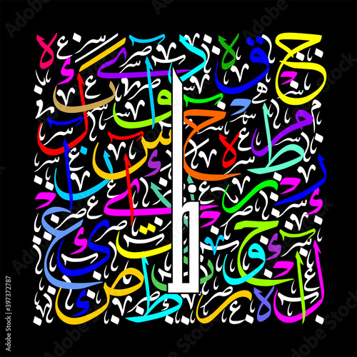 Arabic Calligraphy Alphabet letters or font in long kufic style, Stylized White and Red islamic
calligraphy elements on colored thuluth background, for all kinds of religious design