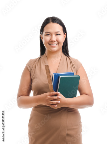 Asian female teacher on whi...