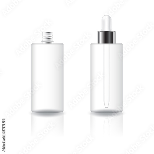 Blank clear cylinder cosmetic bottle with white-silver dropper lid product mockup template.