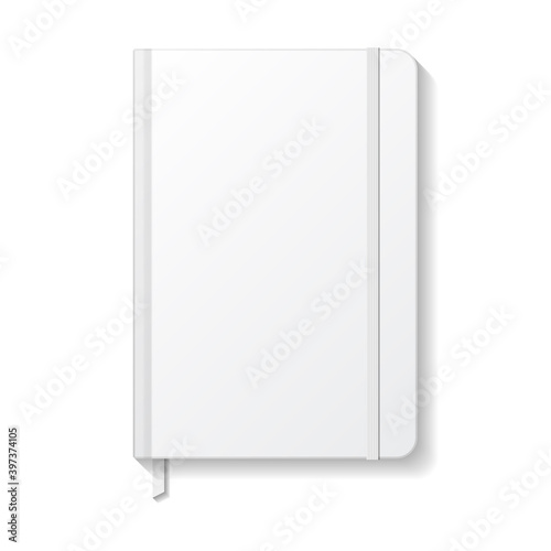 Blank white notebook with white elastic and ribbon bookmark mockup template.