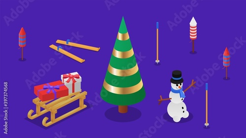 Isometric illustration with snowman, fireworks, sledge, pine, skis, ski poles and gift boxes.
