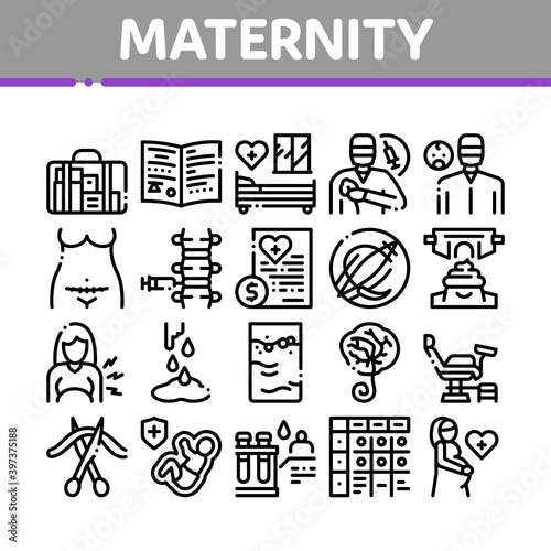 Maternity Hospital Collection Icons Set Vector. Hospital Prenatal Ward Generic Chair, Anesthesiologist And Obstetrician, Contractions PlacentaConcept Linear Pictograms Monochrome Contour Illustrations