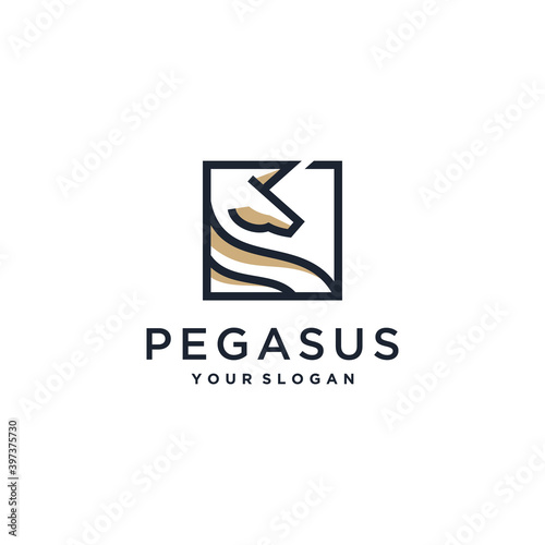 Pegasus logo with cool outline concept, nature, park, horse, Premium Vector © MUCHAMAD