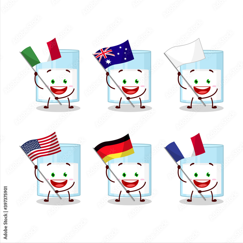 Glass of milk cartoon character bring the flags of various countries Glass of milk cartoon character bring the flags of various countries