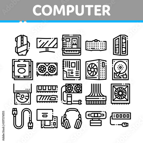 Computer Technology Collection Icons Set Vector. Computer Mouse And Keyboard, Monitor And Video Card, Earphones And Cooler, Disk And Cord Concept Linear Pictograms. Monochrome Contour Illustrations