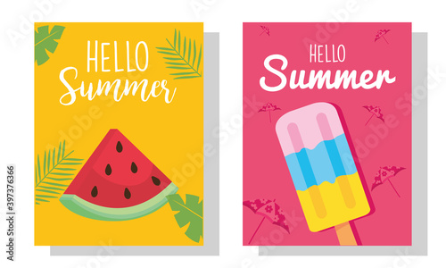 hello summer watermelon and ice cream vector design