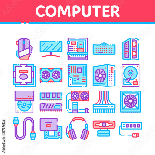 Computer Technology Collection Icons Set Vector. Computer Mouse And Keyboard, Monitor And Video Card, Earphones And Cooler, Disk And Cord Concept Linear Pictograms. Contour Illustrations