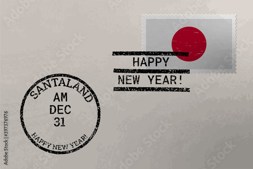 Postage stamp envelope with Japan flag and New Year stamps, vector