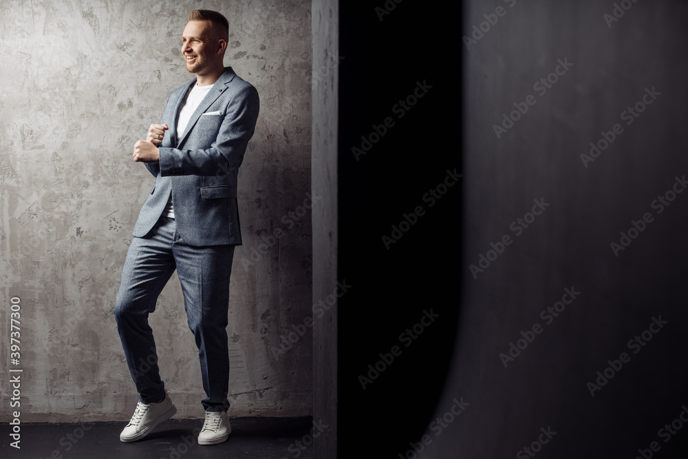 Full length body size photo of happy dancing at party man wearing stylish outfit smiling spending free time Full length body size photo of happy dancing at party man wearing stylish outfit smiling spending free time