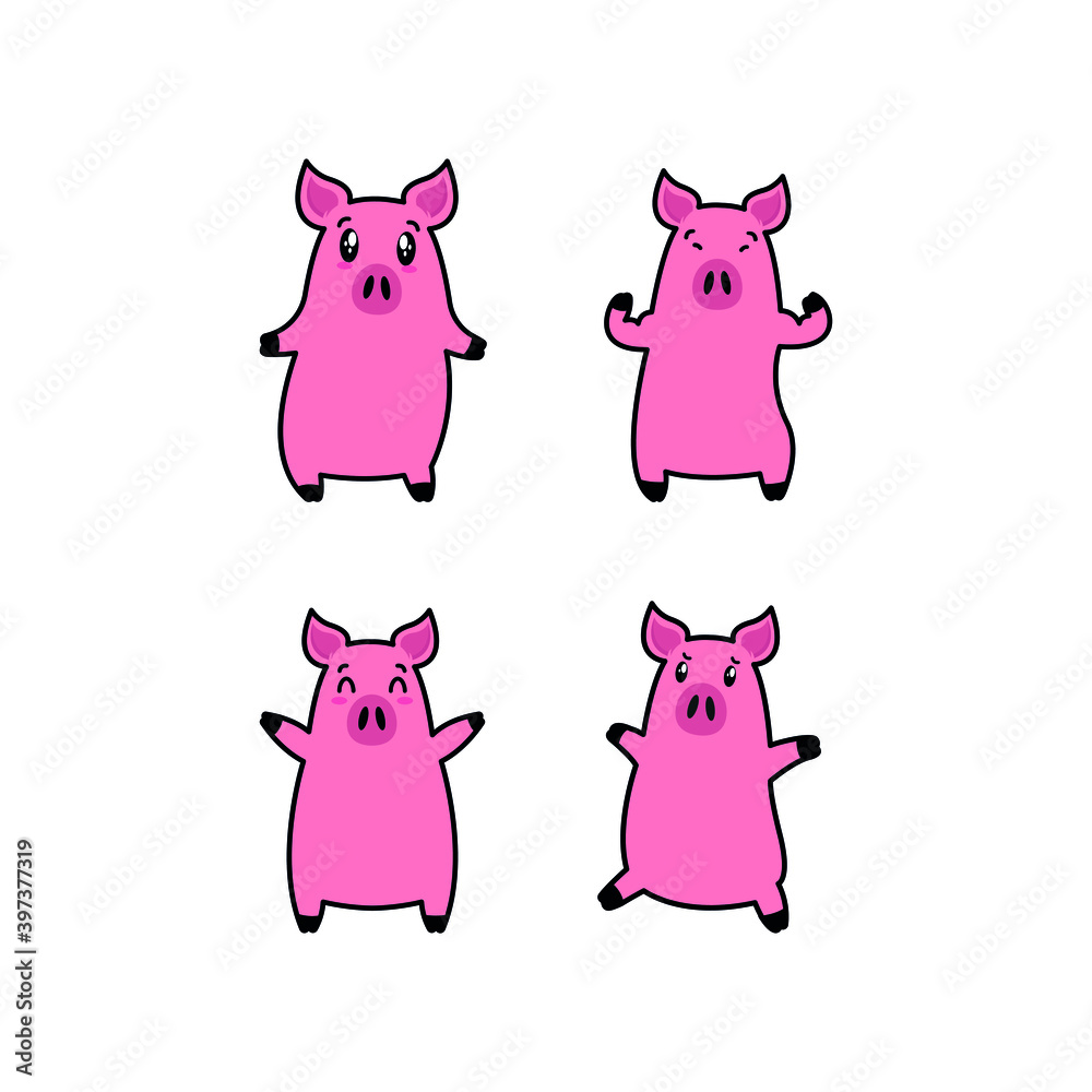 Cute cartoon pig characters in various poses. Vector illustration set.