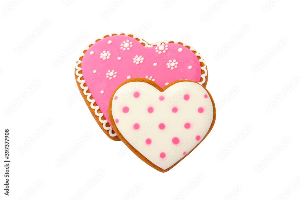 background from pink cookies heart shaped with different patterns, isolated