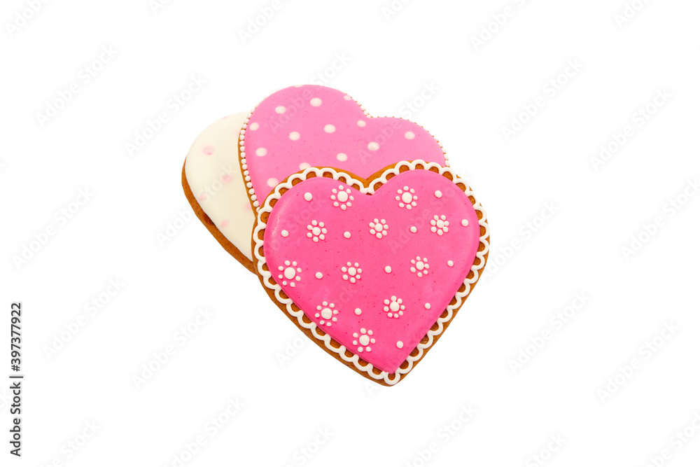background from pink cookies heart shaped with different patterns, isolated background from pink cookies heart shaped with different patterns, isolated