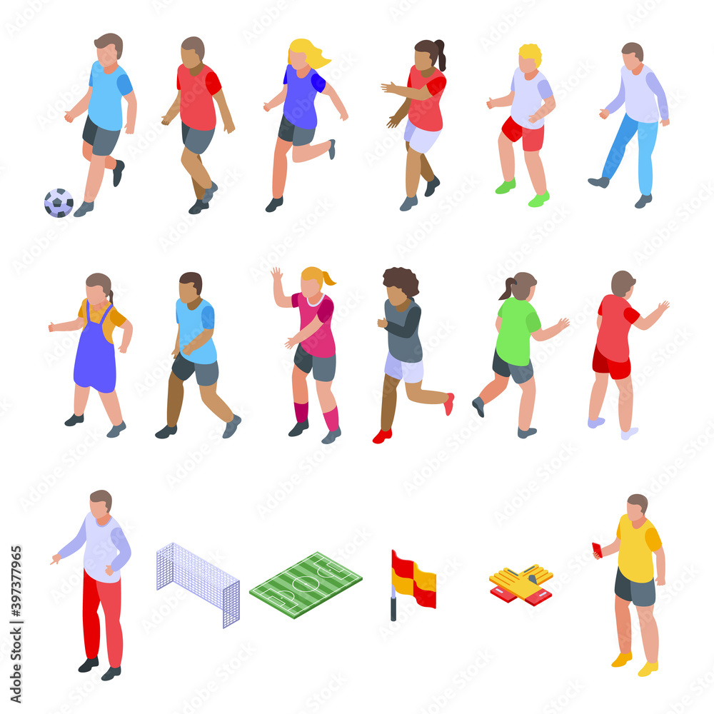Kids playing soccer icons set. Isometric set of kids playing soccer vector icons for web design isolated on white background