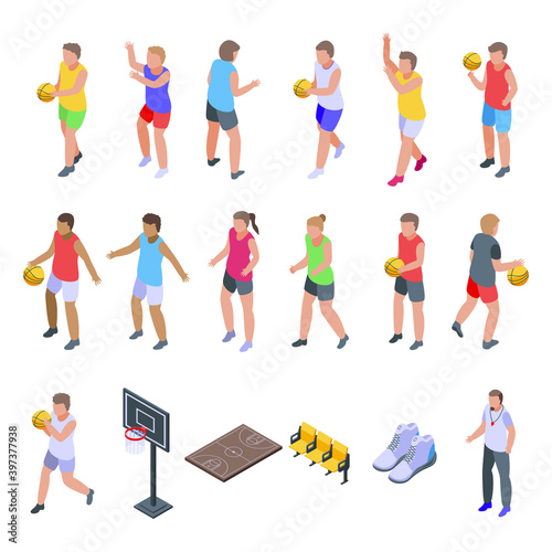 Kids playing basketball icons set. Isometric set of kids playing basketball vector icons for web design isolated on white background