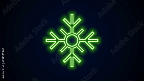 Glowing neon line Snowflake icon isolated on black background. Merry Christmas and Happy New Year. 4K Video motion graphic animation.
