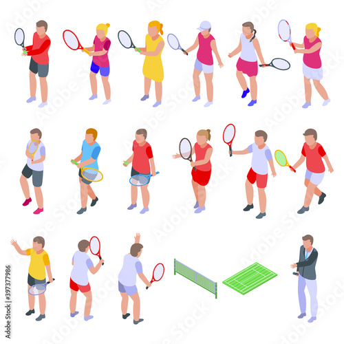 Kids playing tennis icons set. Isometric set of kids playing tennis vector icons for web design isolated on white background