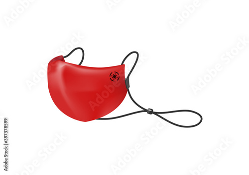 red cotton face mask with long strap and virus logo to protect corona virus Covid19 vector isolated on white background