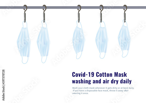 Covid-19 blue cotton mask washing and air dry daily vector isolated on white background