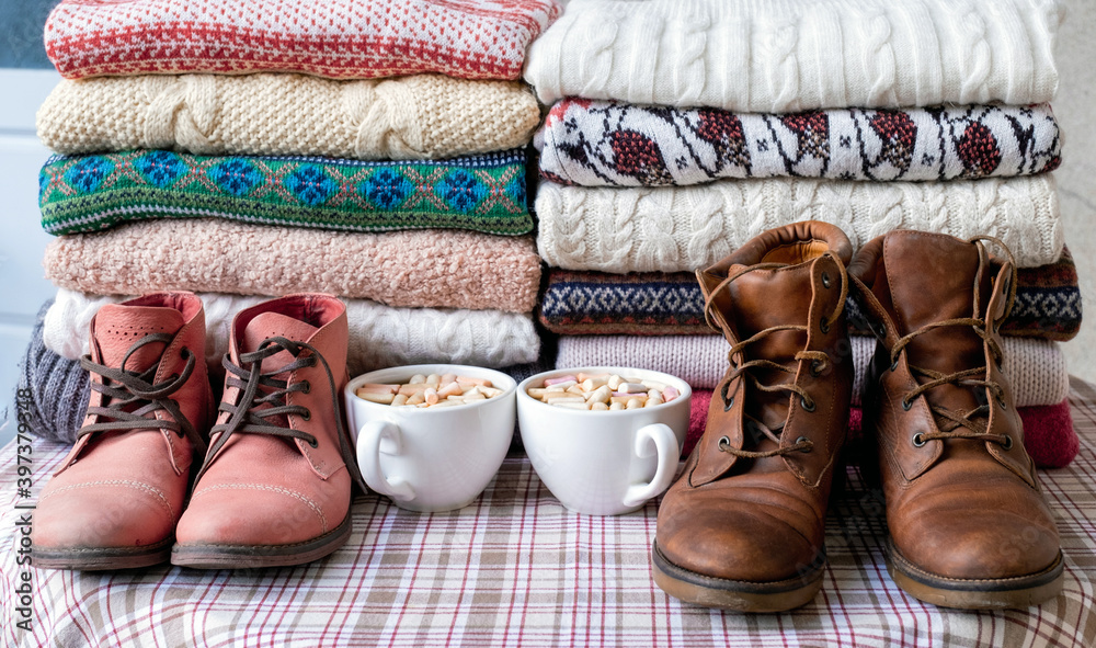 knitted sweater pullover cup coffee a lot many shoes red